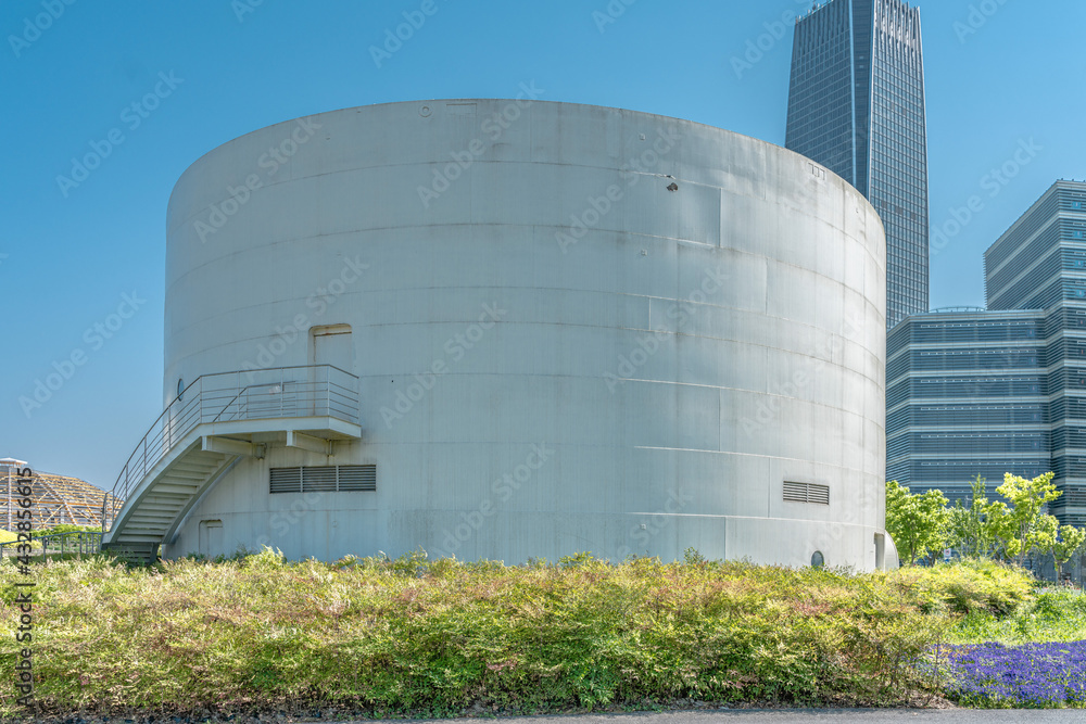 Exterior of a remodeled oil tank, modern architecture in Shanghai, China. Exterior of a remodeled oil tank, modern architecture in Shanghai, China.