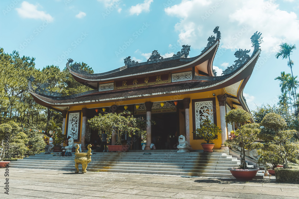 Beautiful view of Bat Nha Pagoda in Bao loc city, Lam Dong province, Vietnam. Text in photos mean Bat Nha pagoda (Vietnamese language) Beautiful view of Bat Nha Pagoda in Bao loc city, Lam Dong province, Vietnam. Text in photos mean Bat Nha pagoda (Vietnamese language)