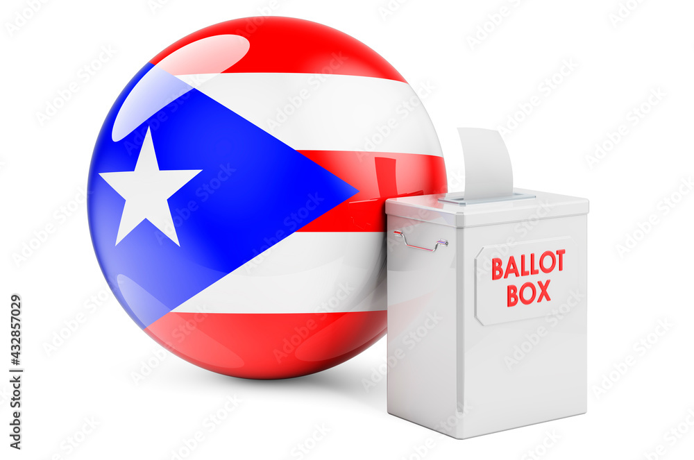 Ballot box with Puerto Rican flag. Election in Puerto Rico. 3D rendering Ballot box with Puerto Rican flag. Election in Puerto Rico. 3D rendering