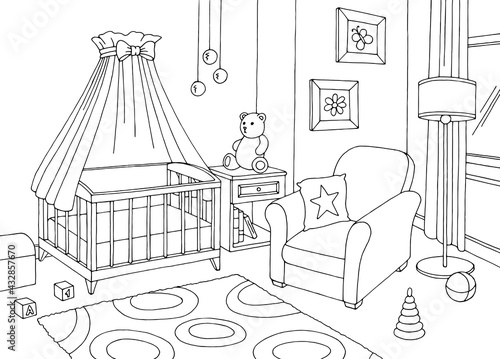 Baby room graphic black white interior sketch illustration vector 