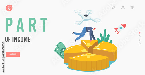 Business Stakeholder Pie Chart Landing Page Template. Businessman Character Fly on Quadcopter Take Away Part of Income