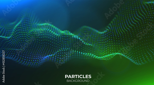 Dynamic blue and green particle wave. Abstract sound visualization. Flow digital structure. Mesh landscape or grid data technology.