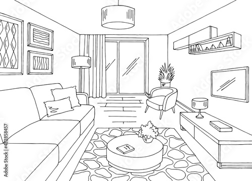 Living room graphic black white home interior sketch illustration vector 