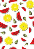  Seameless fresh Pattern with Fruit Watermelon Lemon and Pear on White Background.