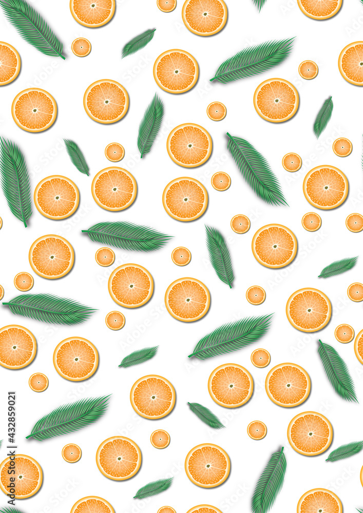 Seameless Pattern with Orange Slices and Green Leaves on White Background Seameless Pattern with Orange Slices and Green Leaves on White Background