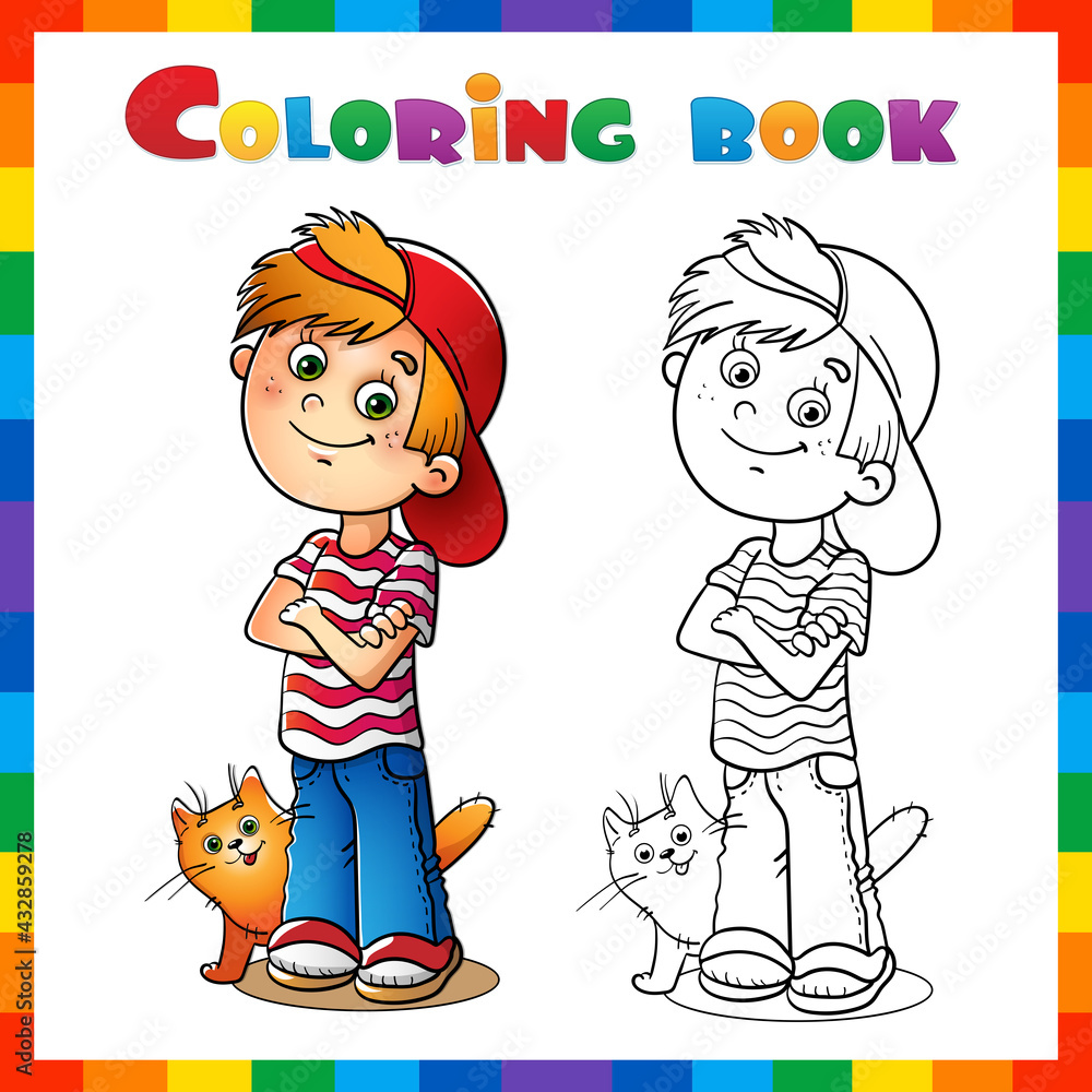 Coloring Page Outline of cartoon Boy with his cat. Coloring Book for ...