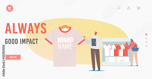 Brand Identity Landing Page Template. Merchandising, Tiny Man with Huge Promotional Product T-Shirt with Company Logo