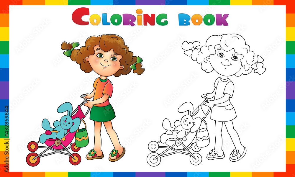 Coloring Page Outline of cartoon girl playing with doll with stroller. Toys and playground. Coloring Book for kids. Coloring Page Outline of cartoon girl playing with doll with stroller. Toys and playground. Coloring Book for kids.