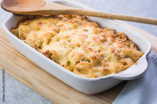 Tetrazzini -chicken pasta casserole in a baking dish with ingredients at background, american cuisine, view from above photo