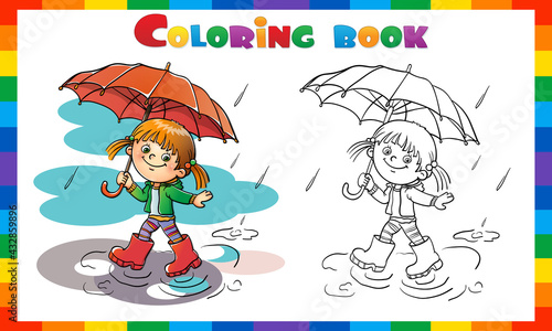 Coloring Page Outline of cartoon girl walking in the rain with umbrella. Coloring Book for kids.