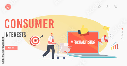 Consumer Interests Landing Page Template. Tiny Promoter Character Push Trolley with Promotional Products at Huge Laptop