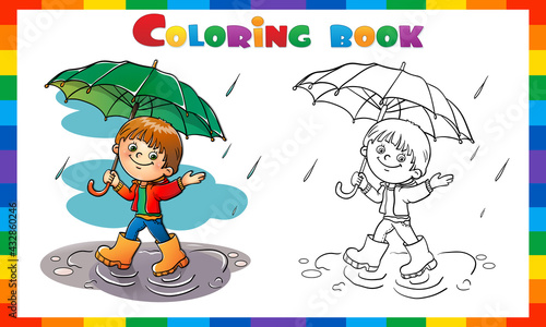 Coloring Page Outline of cartoon Boy walking in the rain with umbrella. Coloring Book for kids.
