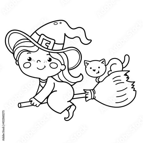 Coloring Page Outline Of cartoon little witch on a broom with a pot and with a cat. Halloween. Coloring Book for kids.