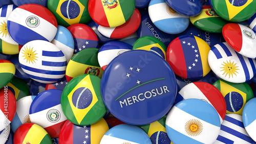 3d rendering of some badges with flags of the Mercosur and member country logos