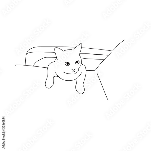 猫の線画全身イラスト　ソファの脇から顔を出す猫