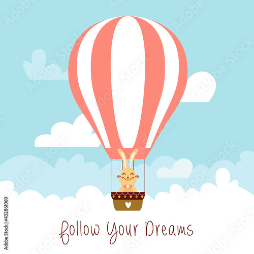 bunny flying with air ballon vector flat illustration