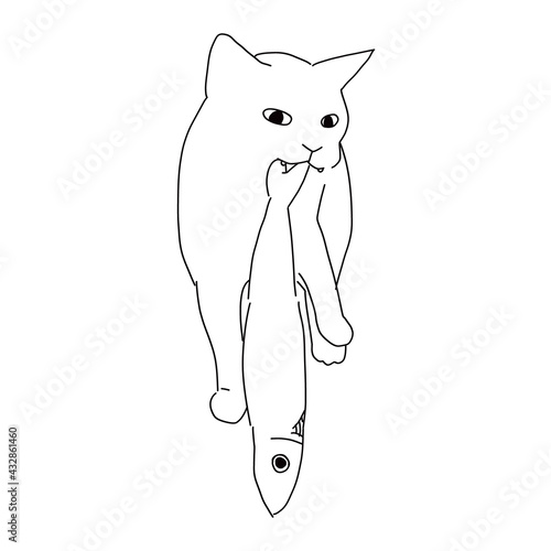 魚をくわえた猫の線画イラスト