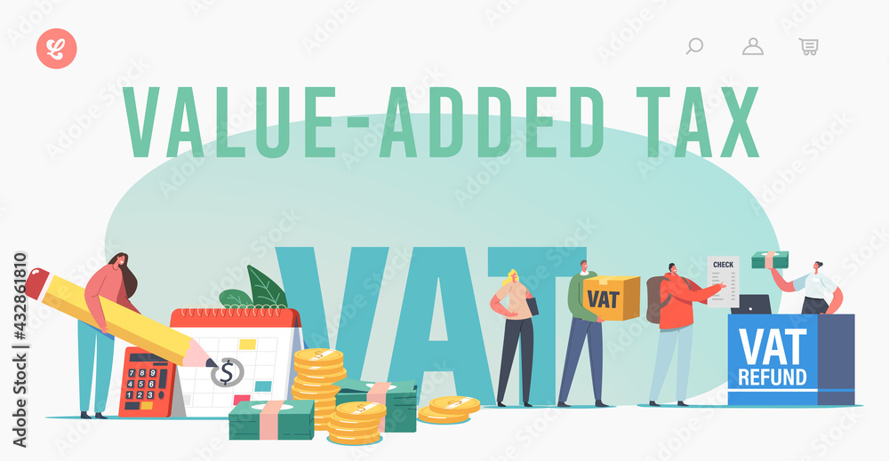 Vat, Value Added Tax Landing Page Template. Male or Female Characters Getting Refund for Foreign Shopping
