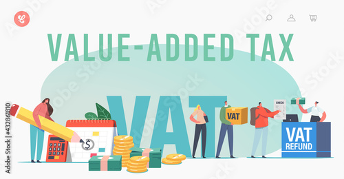 Vat, Value Added Tax Landing Page Template. Male or Female Characters Getting Refund for Foreign Shopping