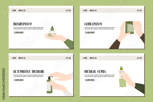 Homeopathy, naturopathy. Complementary, alternative, integrative, holistic medicine. Natural organic herb. Apothecary bottle. Vector flat cartoon illustration, landing page, banner design, web