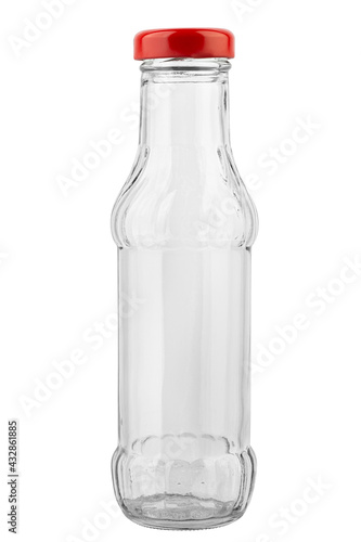 Empty ketchup or sauce glass bottle isolated on white background. Food preservation concept.