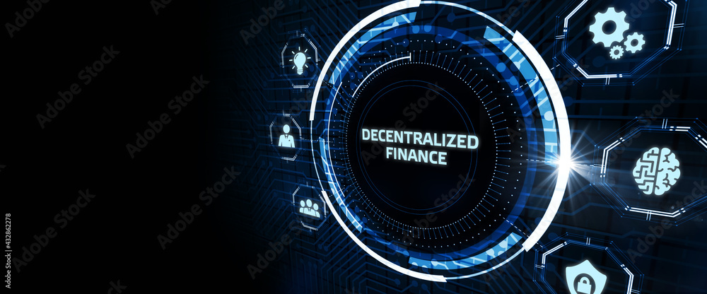 DeFi -Decentralized Finance on dark blue abstract polygonal background. Concept of blockchain, decentralized financial system. DeFi -Decentralized Finance on dark blue abstract polygonal background. Concept of blockchain, decentralized financial system.