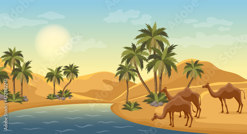 Desert oasis with palms nature landscape scene illustration. Egypt hot dunes with palm trees, bedouin and camels