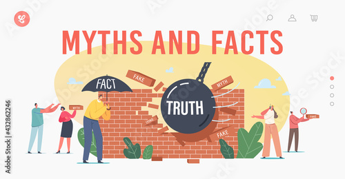 Myths and Facts Information Landing Page Template. Characters under Umbrella, Ball Demolishing Fake News Wall, Fiction