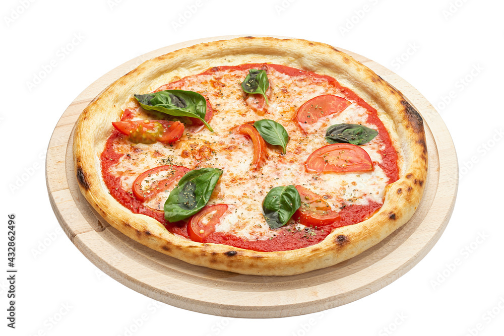 Delicious vegan pizza with mozzarella, tomatoes, mushrooms, served on a wooden plate isolated on a white background. Concept for advertising flyer and poster for restaurants or pizzerias.