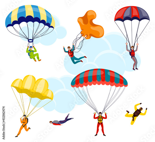 Fototapeta Naklejka Na Ścianę i Meble -  Collection of parachutists and skydivers isolated on white background. Sky jump with parachute and paraglider, extreme danger skydive falling.