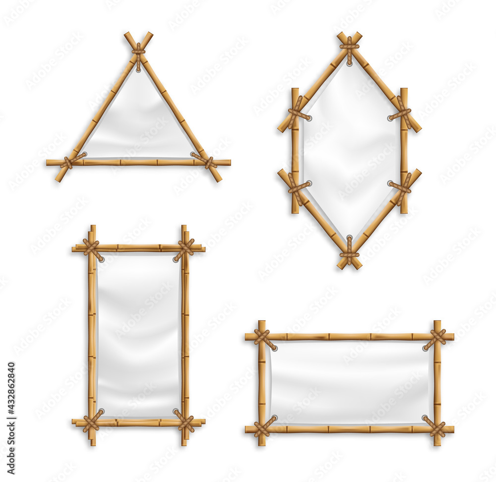 Bamboo Frame Set Vector With Canvas. Old billboard isolated vector set. Illustration of bamboo frame banner, tropical natural stick with empty panel Bamboo Frame Set Vector With Canvas. Old billboard isolated vector set. Illustration of bamboo frame banner, tropical natural stick with empty panel