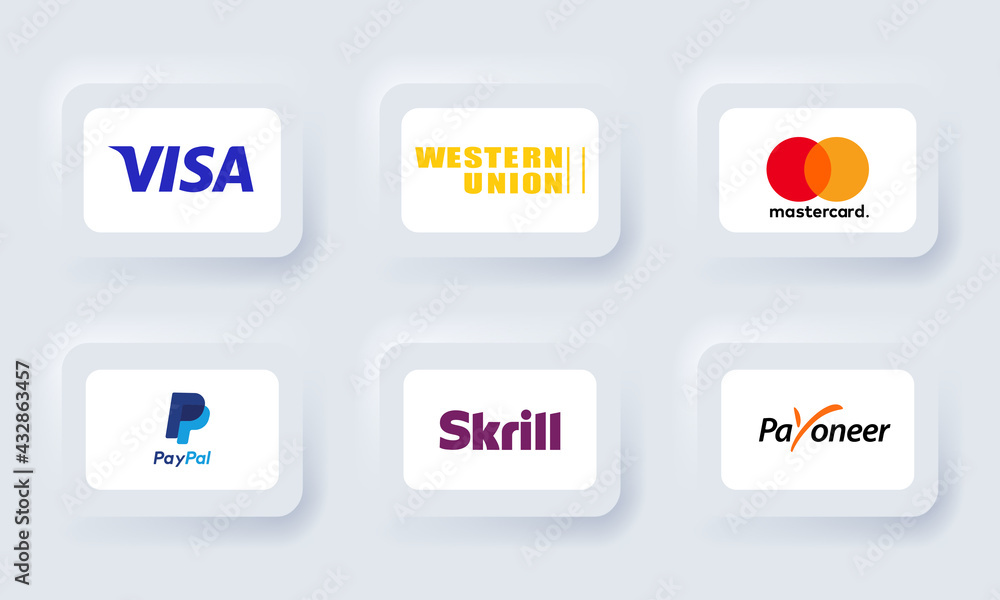 Payment system logos: Mastercard, Western Union, PayPal, Visa, Payoneer.  Neumorphic UI UX. Neumorphism style. Vector. Zaporizhzhia, Ukraine - May  10, 2021 Stock Vector | Adobe Stock