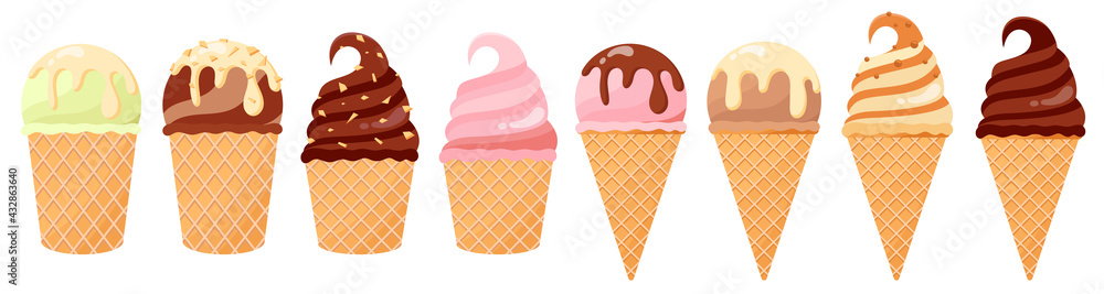 Set of tasty colorful ice cream. Cartoon style vector illustration. Waffle cone ice cream, frozen dessert, gelato, isolated on white background. Different types of ice creams. Set of tasty colorful ice cream. Cartoon style vector illustration. Waffle cone ice cream, frozen dessert, gelato, isolated on white background. Different types of ice creams.