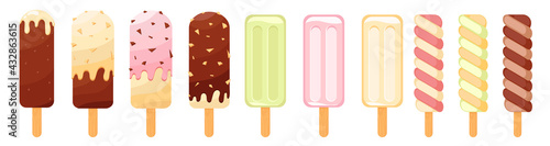 Set of tasty colorful ice cream on a stick. Cartoon style vector illustration. Frozen dessert with chocolate, popsicle, ice lolly twist isolated on white background. Different types of ice creams. 