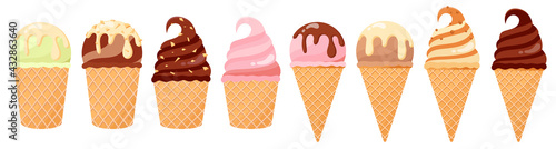 Set of tasty colorful ice cream. Cartoon style vector illustration. Waffle cone ice cream, frozen dessert, gelato, isolated on white background. Different types of ice creams. 