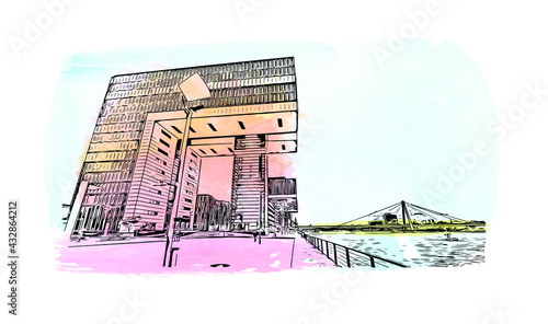 Building view with landmark of Colognec is the city in Germany. Watercolor splash with hand drawn sketch illustration in vector.