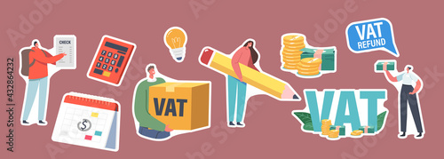 Set of Stickers Vat, Value Added Tax Return. Male or Female Characters Getting Refund for Foreign Shopping