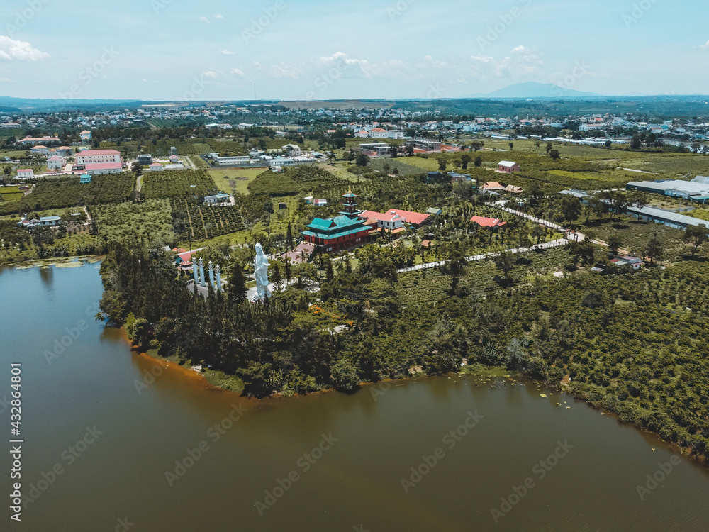 Aerial view of Hoa Nghiem Pagoda in Bao loc city, Lam Dong province, Vietnam. This pagoda is located on Bao Lam lake.