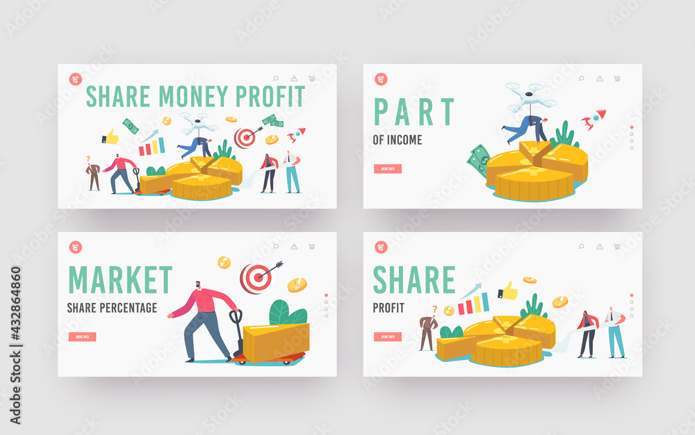 Fototapeta premium Share Money Profit Landing Page Template Set. Tiny Business Characters Stand at Huge Pie Chart Showing Partners Shares