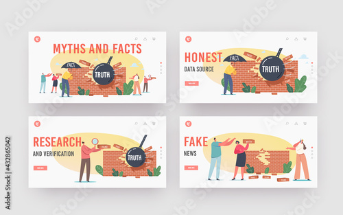 Myths and Facts Information Landing Page Template Set. Characters under Umbrella, Ball Demolishing Fake News Wall
