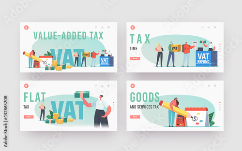 Vat, Value Added Tax Landing Page Template Set. Male Female Characters Getting Refund for Foreign Shopping