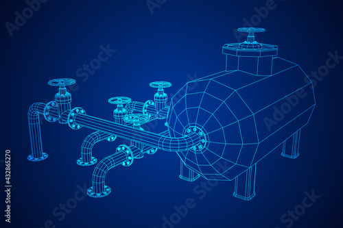 Oil tank storage of flammable materials and pipeline with valve. Finance economy polygonal petrol production. Petroleum fuel industry transportation line. Wireframe low poly mesh vector illustration.