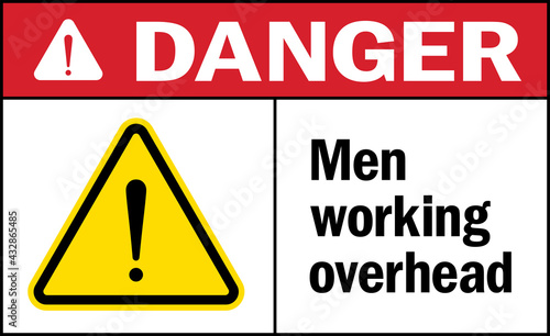 Men working overhead sign danger sign. Warehouse safety signs and symbols.