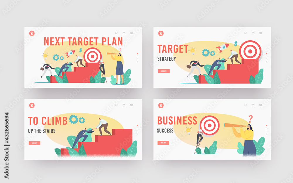 Next Target Plan Landing Page Template Set. Business Characters Team Climbing Stairs. Business People Reach Aim