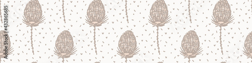 Seamless minimalist doodle flower border pattern. Calm earthy color edge banner. Simple modern scandi unisex baby design. Organic childish gender neutral masking tape design. Hand drawn floral trim.