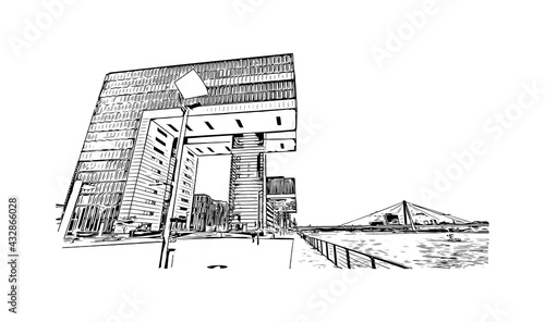 Building view with landmark of Colognec is the city in Germany. Hand drawn sketch illustration in vector.