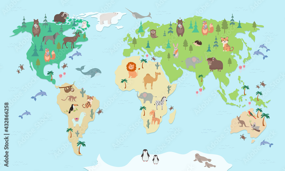 Animals world map for kids. Educational poster or game, for children