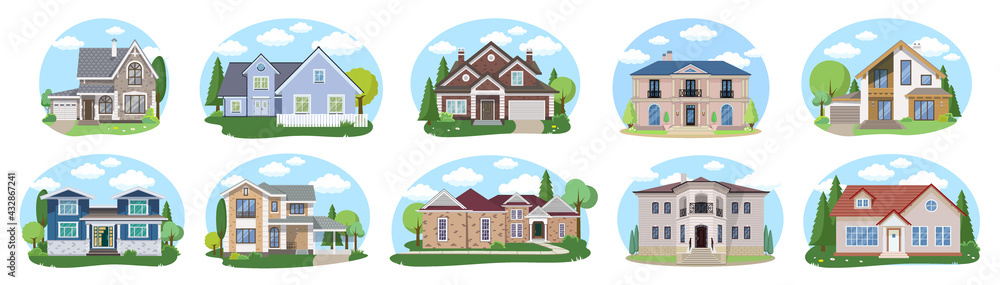 Big houses set N2, Vector Buildings Set. Flat Design Houses set Isolated on White Background.