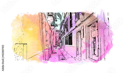 Building view with landmark of Cordoba is the 
city in Spain. Watercolor splash with hand drawn sketch illustration in vector.