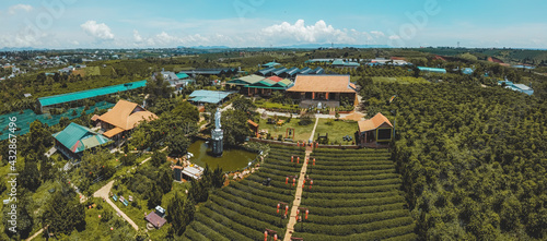 Aerial view of Tea Pagoda (Vietnamese language is Chua Tra) in Bao loc city, Lam Dong province, Vietnam. This pagoda is located on Nam Phuong lake